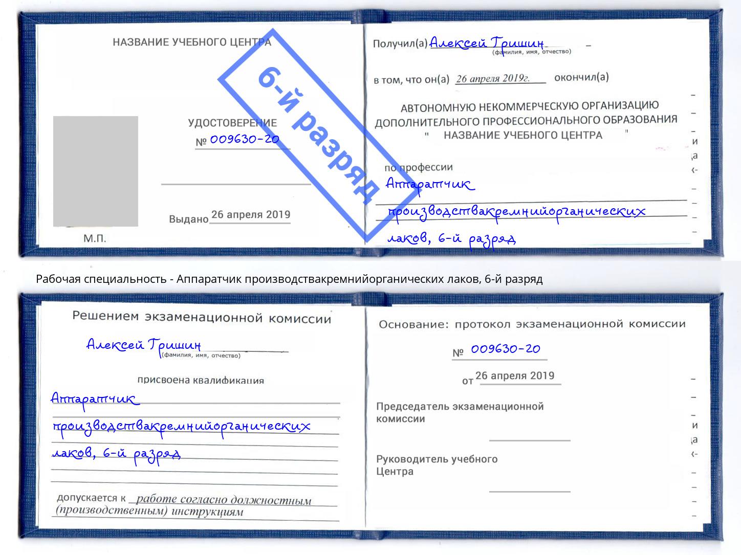 корочка 6-й разряд Аппаратчик производствакремнийорганических лаков Ишимбай