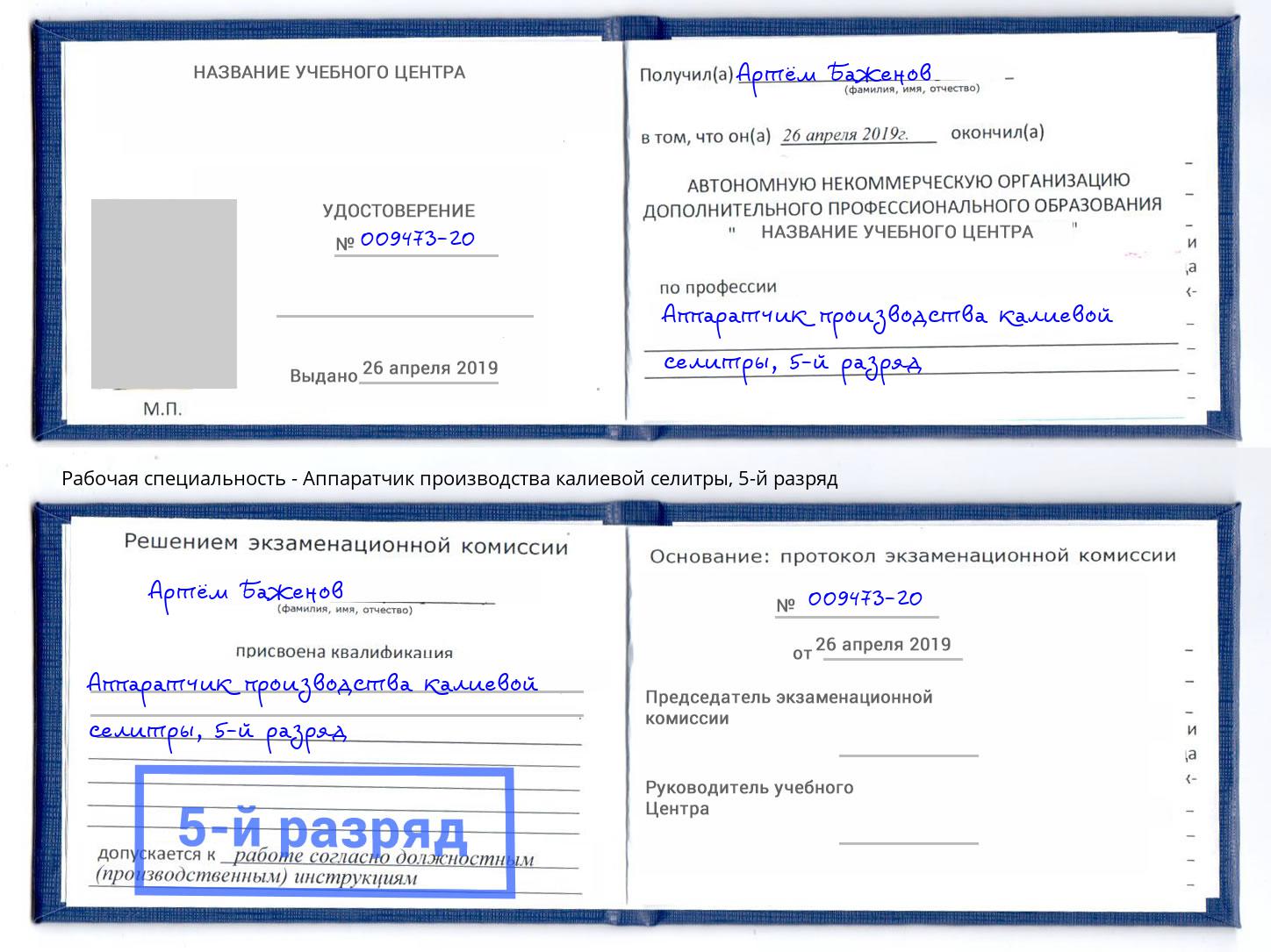 корочка 5-й разряд Аппаратчик производства калиевой селитры Ишимбай
