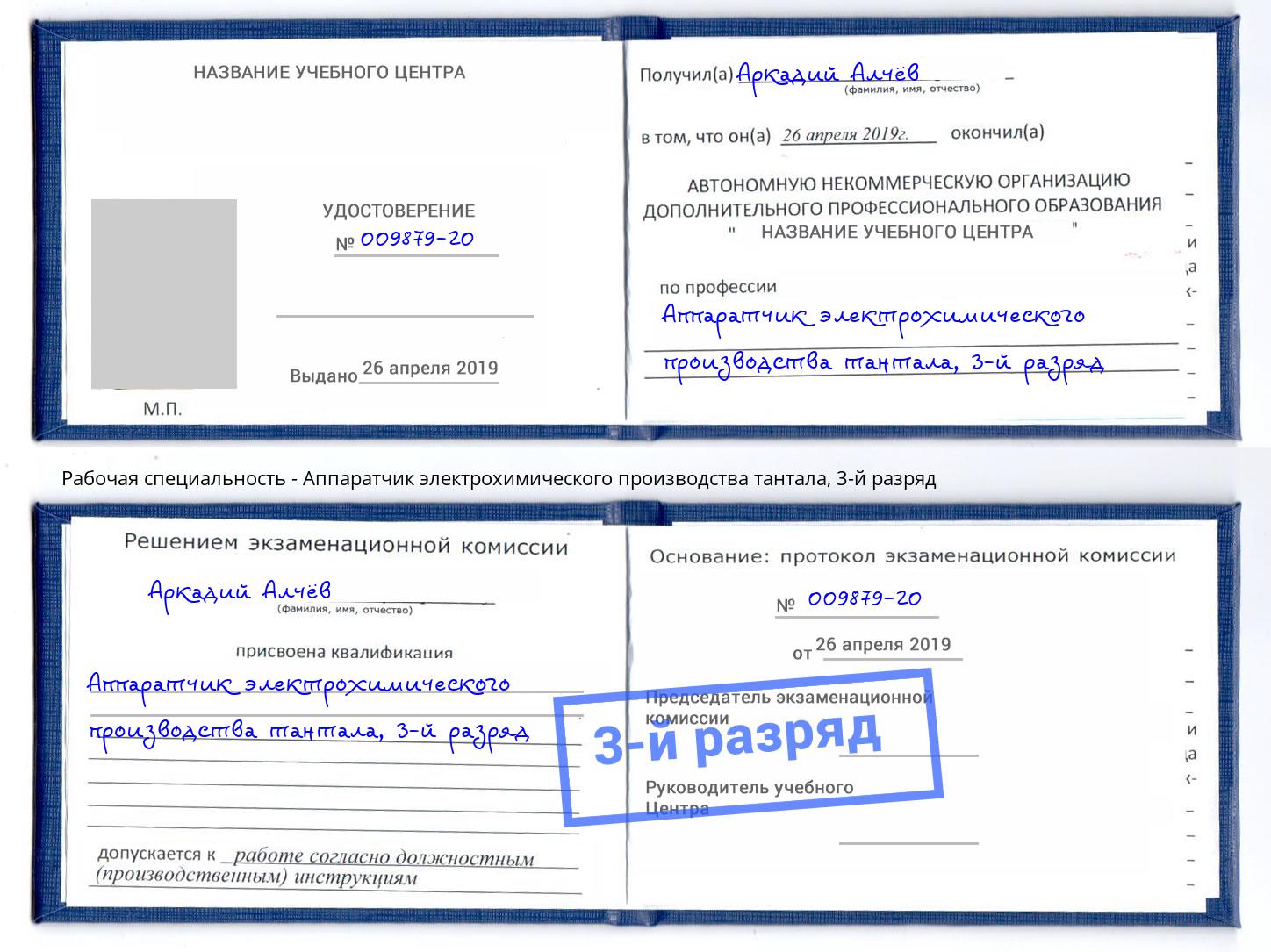 корочка 3-й разряд Аппаратчик электрохимического производства тантала Ишимбай